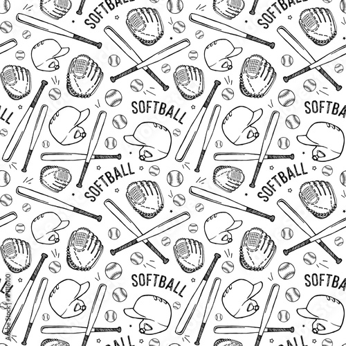 Seamless pattern with image of softball equipment. Black pattern on white background