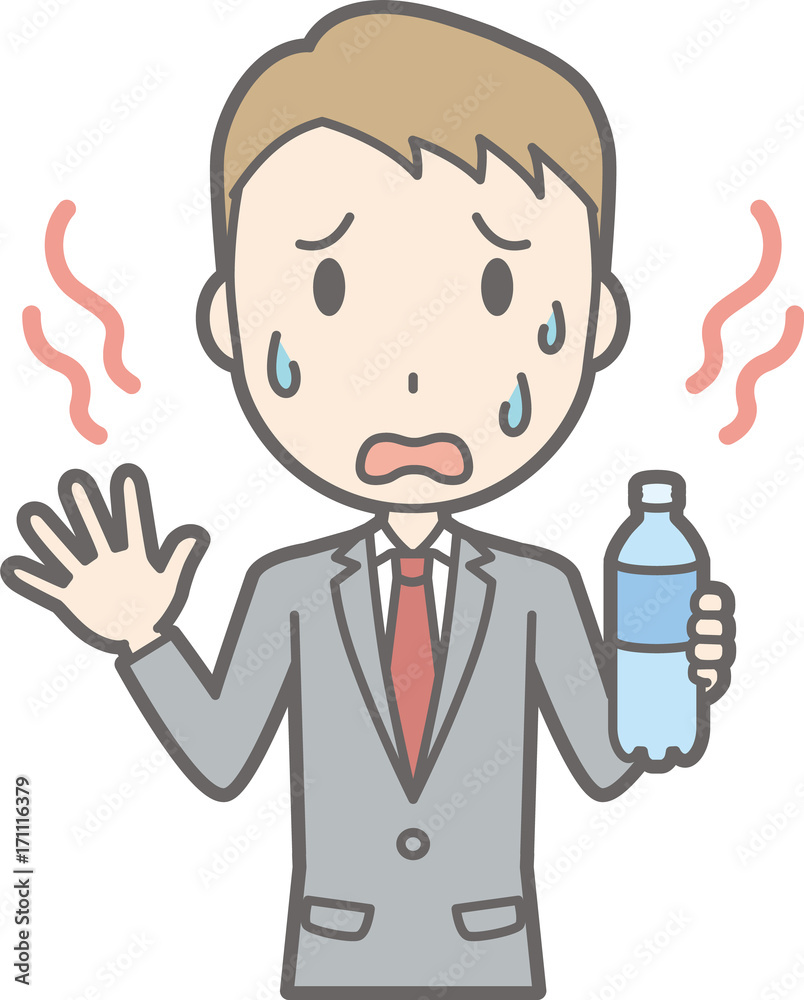 Illustration that a businessman wearing a suit is hot and drinking water