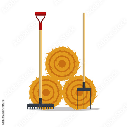 Flat dried haystack with hayfork and rake isolated on white background. Farming haymow bale hayloft vector illustration