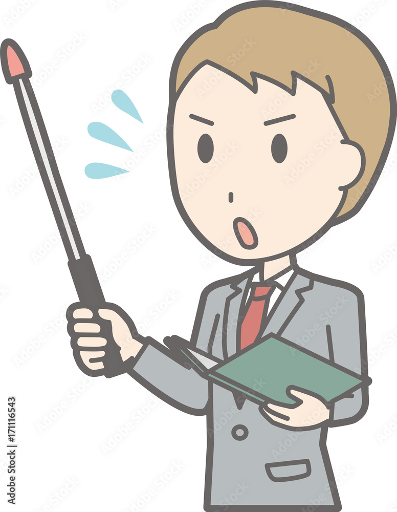 An illustration that a businessman wearing a suit is impatient with an instruction stick An illustration that a businessman wearing a suit is impatient with an instruction stick