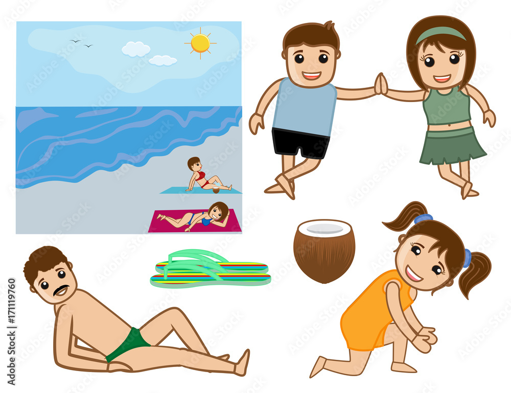 Cartoon People Enjoying at Beach Vector Illustration