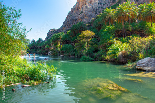 Quadro su tela View of Kourtaliotis river and canyon near Preveli beach at Libyan sea, river an
