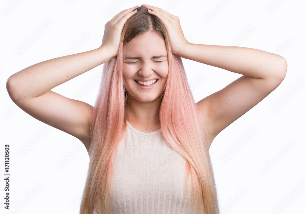 Showing emotions. Young cute funny looking woman, shocked. Isolated on white background Showing emotions. Young cute funny looking woman, shocked. Isolated on white background