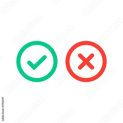 Green tick and red cross checkmarks in circle flat icons. 