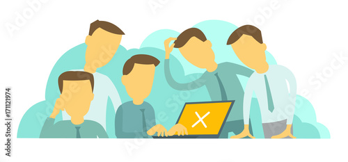 System error in laptop. Difficult situation at work. Company of five people teamwork programmer and bug in the computer