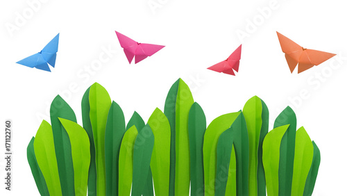 grass leaves and butterfly paper craft style