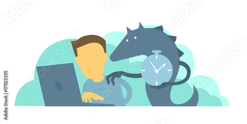Monster reminds the worker of deadline. Time to take the project. Man does not have time to make project.