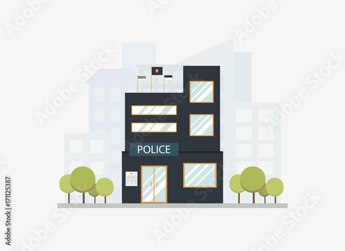 Modern city police station department building with city skyline on background in flat style. Colored isolated vector illustration.