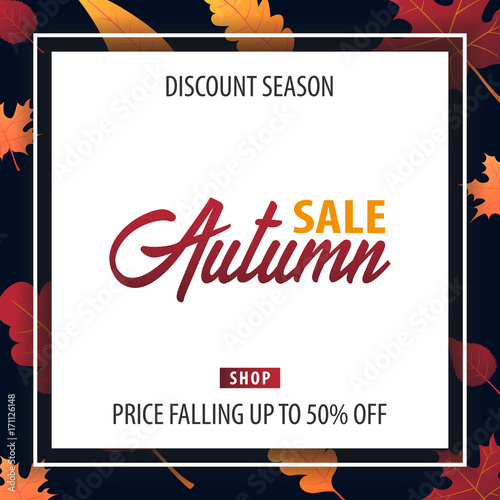 Autumn Background with leaves for shopping sale or promo poster and frame leaflet or web banner. Vector illustration template.