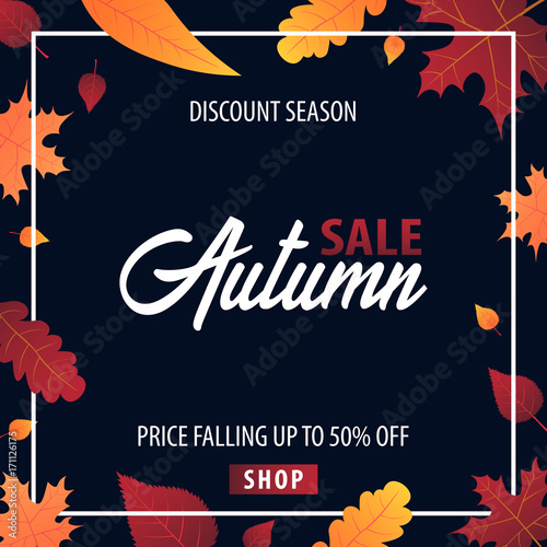 Autumn Background with leaves for shopping sale or promo poster and frame leaflet or web banner. Vector illustration template.