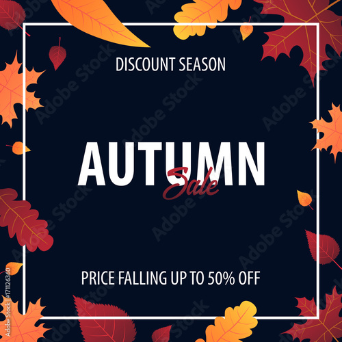 Autumn Background with leaves for shopping sale or promo poster and frame leaflet or web banner. Vector illustration template.
