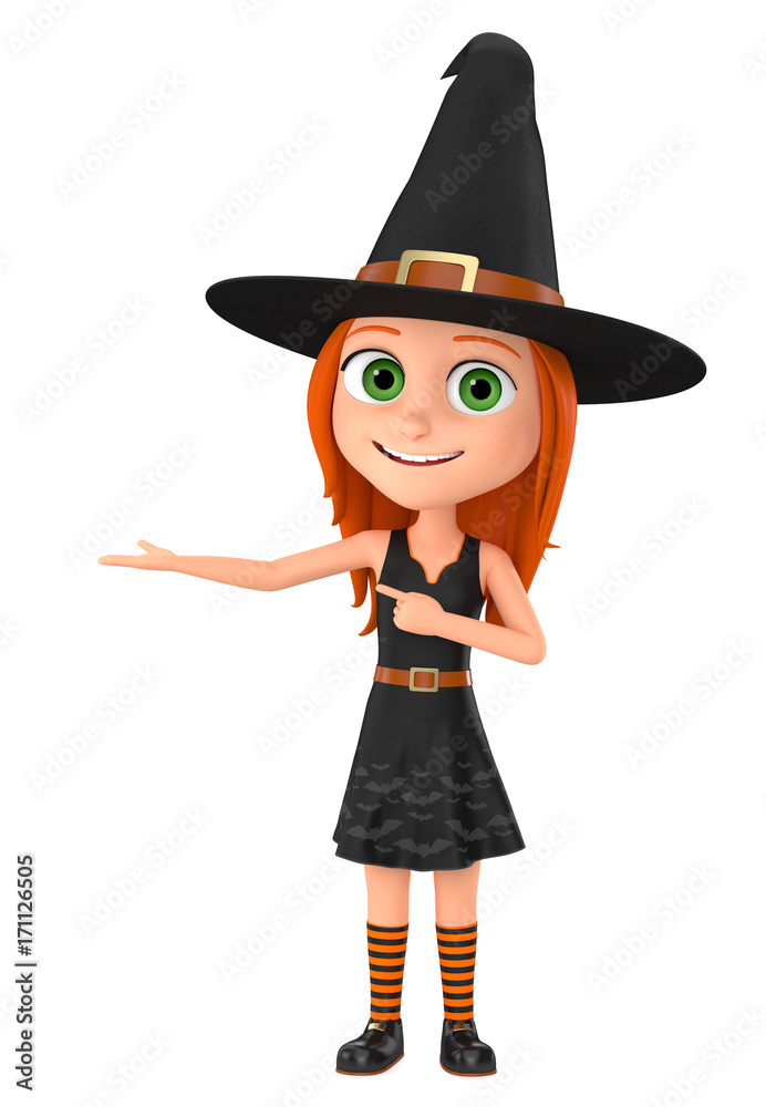 Girl witch points to an empty palm. 3d render illustration.