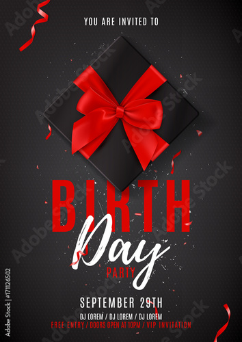 Flyer template for Birthday party. Beautiful background with colorful balloons. Vector illustration with confetti and serpentine. Dark invitation to nightclub.