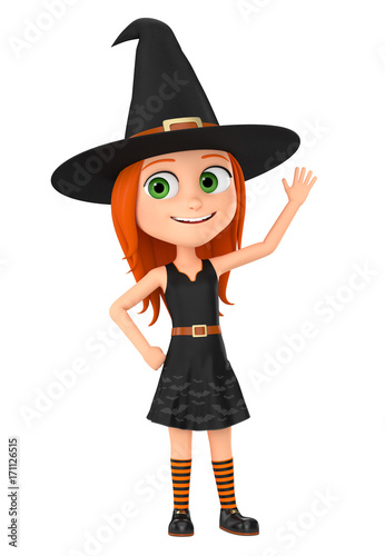 Girl witch raised her hand up in greeting. 3d render illustration. © 3dddcharacter