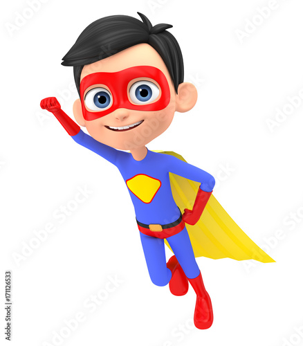 Boy super hero flying a white background. 3d rendering.