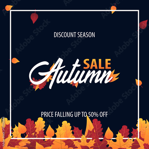 Autumn Background with leaves for shopping sale or promo poster and frame leaflet or web banner. Vector illustration template.