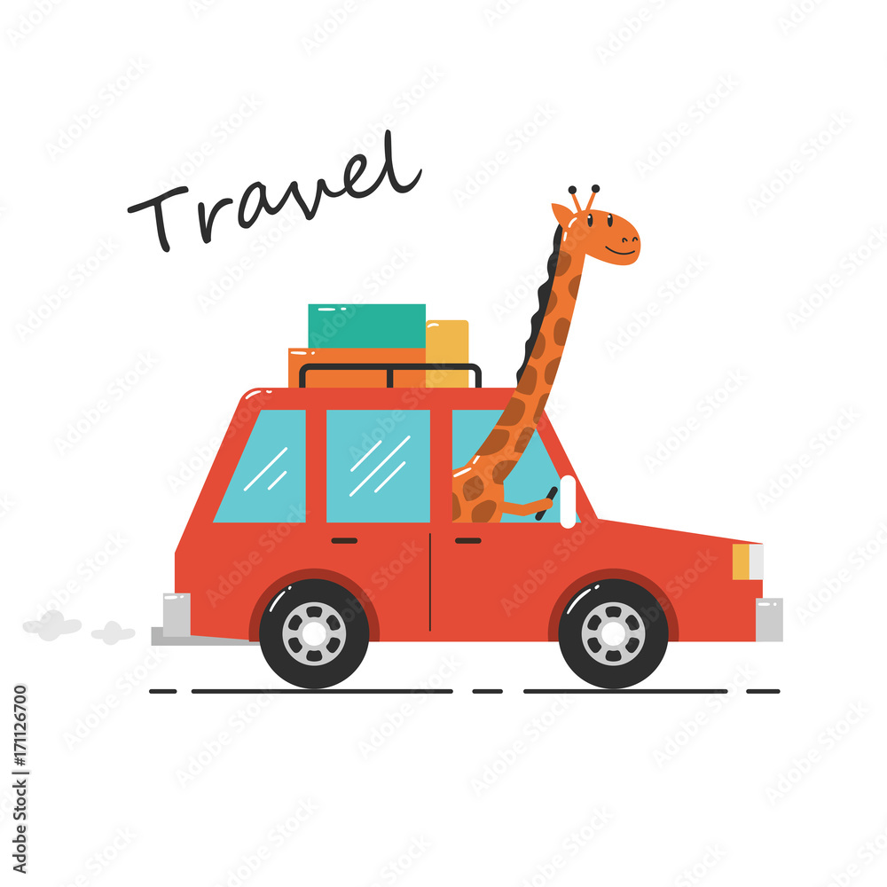 Giraffe driving car. Giraffe going on holiday vacation Giraffe driving car. Giraffe going on holiday vacation