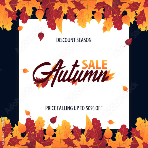 Autumn Background with leaves for shopping sale or promo poster and frame leaflet or web banner. Vector illustration template.