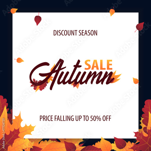 Autumn Background with leaves for shopping sale or promo poster and frame leaflet or web banner. Vector illustration template.