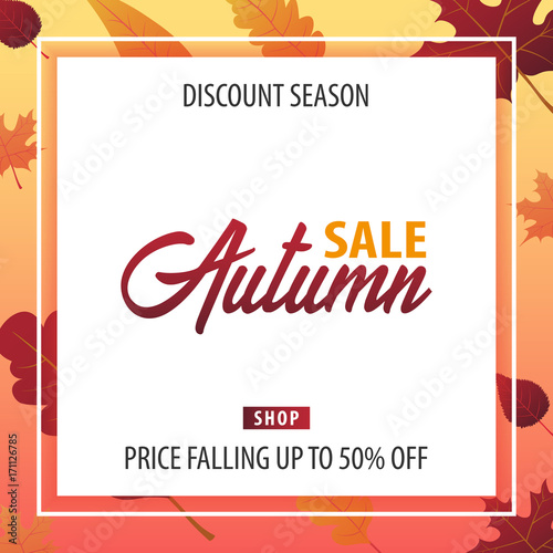 Autumn Background with leaves for shopping sale or promo poster and frame leaflet or web banner. Vector illustration template.