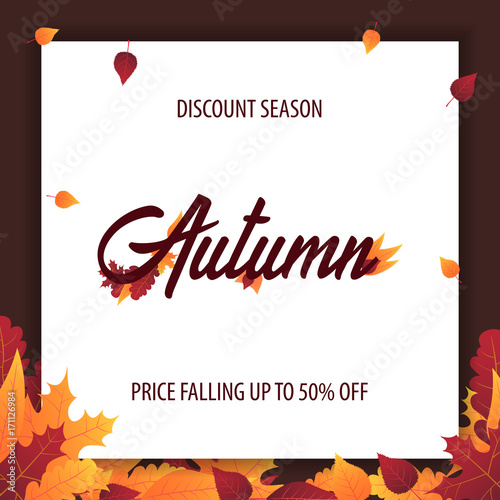Autumn Background with leaves for shopping sale or promo poster and frame leaflet or web banner. Vector illustration template.