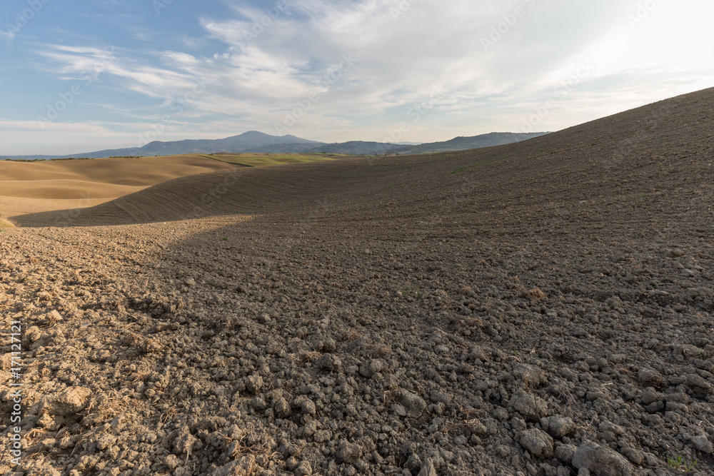 Tuscany spring landscape, with endless, uncultivated fields on curvy hills, beneath a blue sky with clouds Tuscany spring landscape, with endless, uncultivated fields on curvy hills, beneath a blue sky with clouds