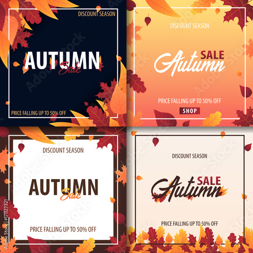 Set of Autumn Background with leaves for shopping sale or promo poster and frame leaflet or web banner. Vector illustration template.
