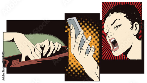 Collage on theme communication. Girl with telephone. Stock illustration.