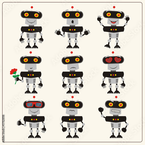 Set black-gray robot in different poses. Collection isolated robots in cartoon style showing different emotions.