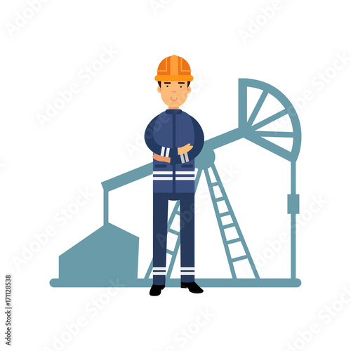 Oilman character in a blue uniform, oil industry extraction and refinery production vector Illustration