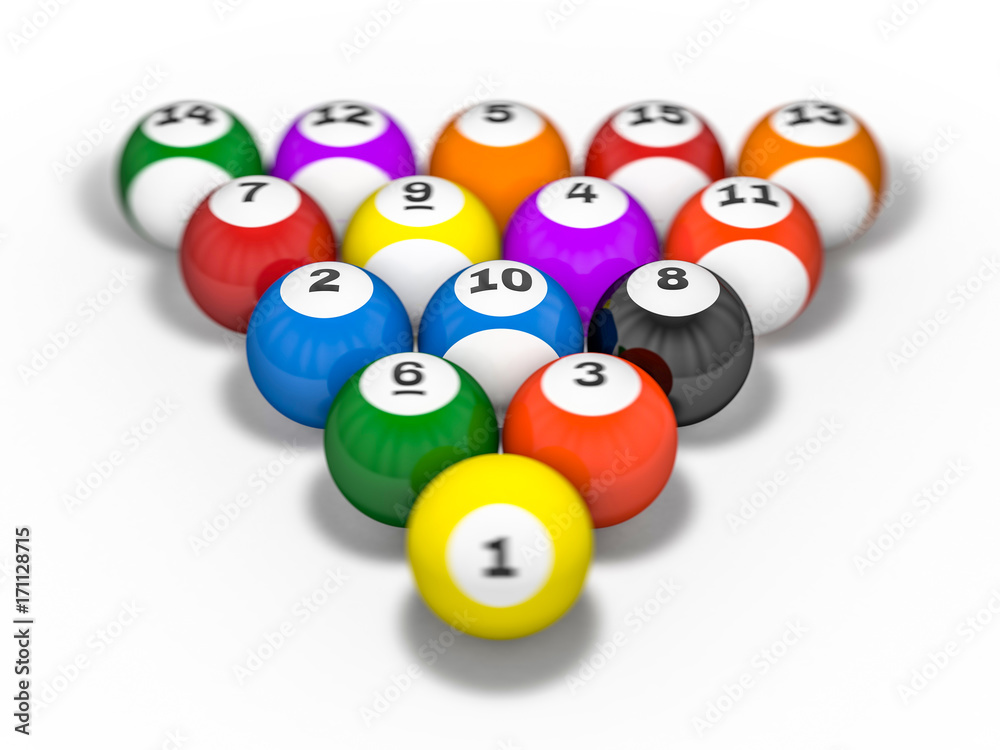 Pool billiard balls in starting position. 3D rendering Pool billiard balls in starting position. 3D rendering