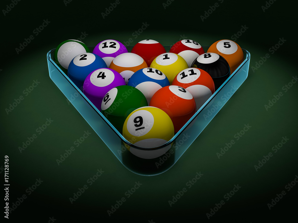 Naklejka premium Pool billiard balls in starting position. 3D rendering