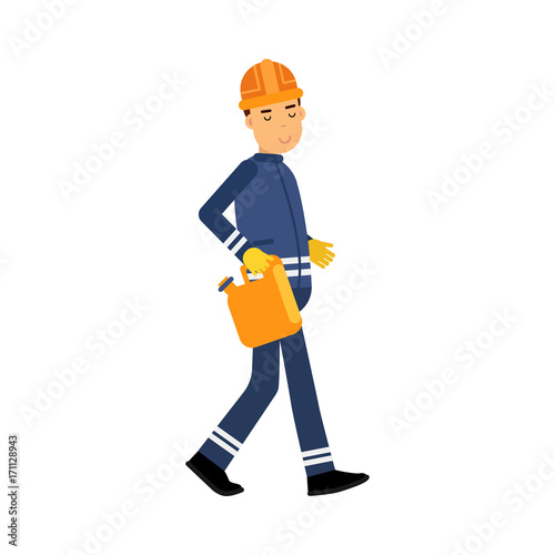 Oilman character in a blue uniform carrying orange jerrican, oil industry extraction and refinery production vector Illustration