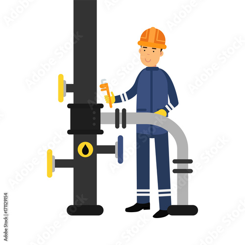 Oilman character in a blue uniform working on an oil pipeline with monkey wrench, oil industry production vector Illustration © Happypictures