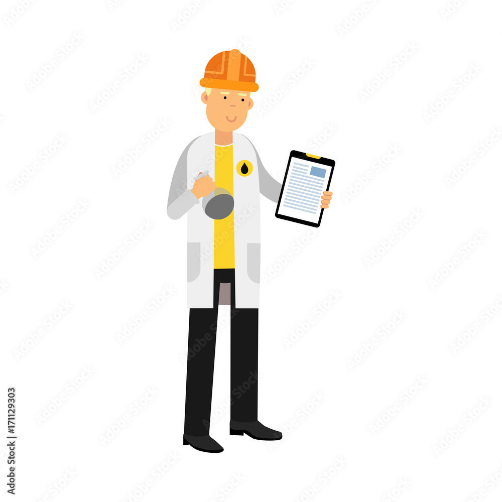 Chemical engineer character working on oil sample, oil refinery production vector illustration Chemical engineer character working on oil sample, oil refinery production vector illustration