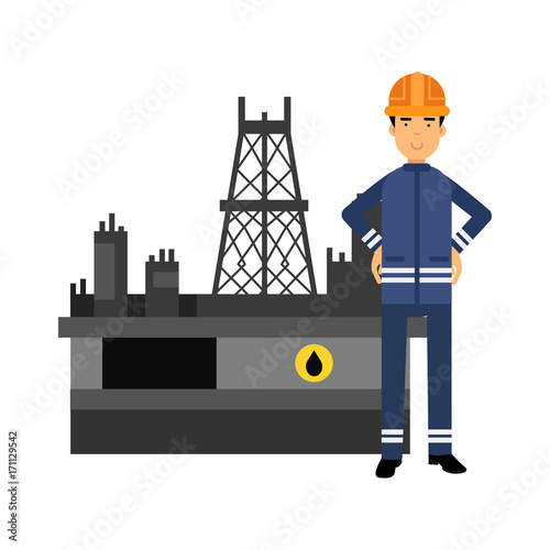Oilman character in a blue uniform standing next to an oil rig drilling platform, oil industry extraction and refinery production