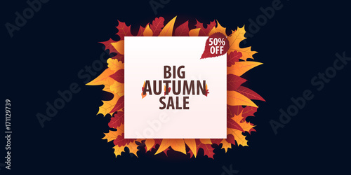 Autumn Background with leaves for shopping sale or promo poster and frame leaflet or web banner. Vector illustration template.