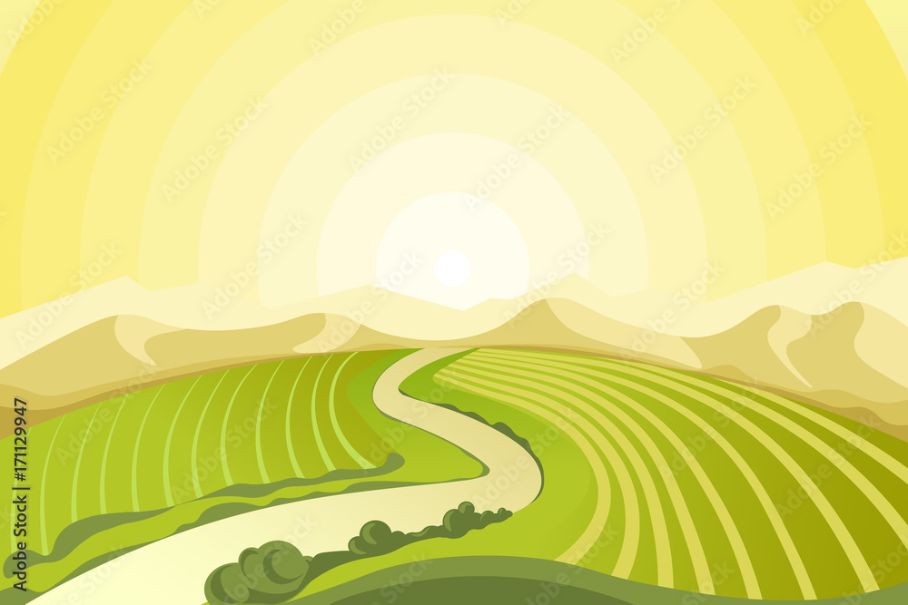 Amazing landscape of sunrise above fields at countryside