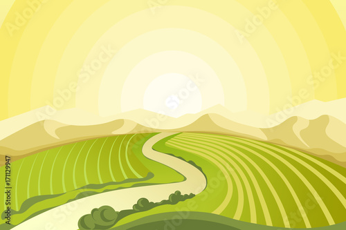 Amazing landscape of sunrise above fields at countryside