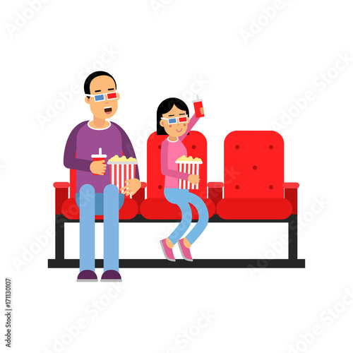Father with his daughter sitting in the cinema with popcorn and watching 3d movie vector Illustration