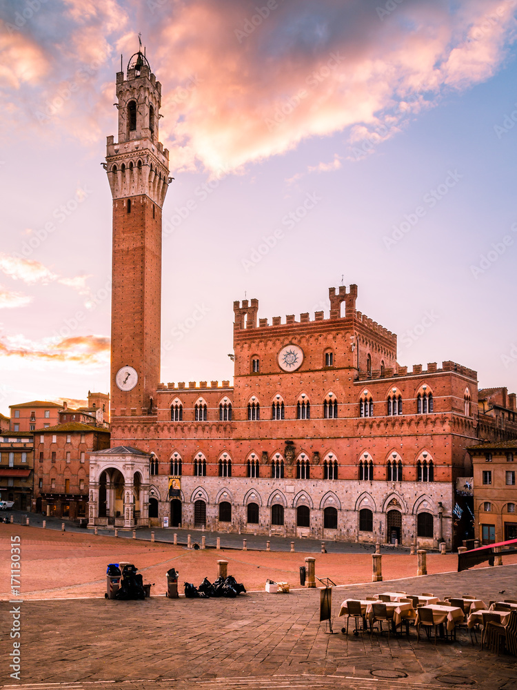 Beautiful panoramic photo of Piazza del Campo Europe's greatest medieval squares in Siena, Tuscany, Italy on a sunrise
