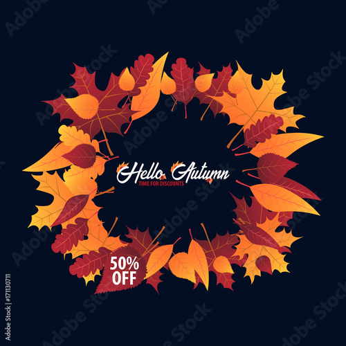 Autumn Background with leaves for shopping sale or promo poster and frame leaflet or web banner. Vector illustration template.