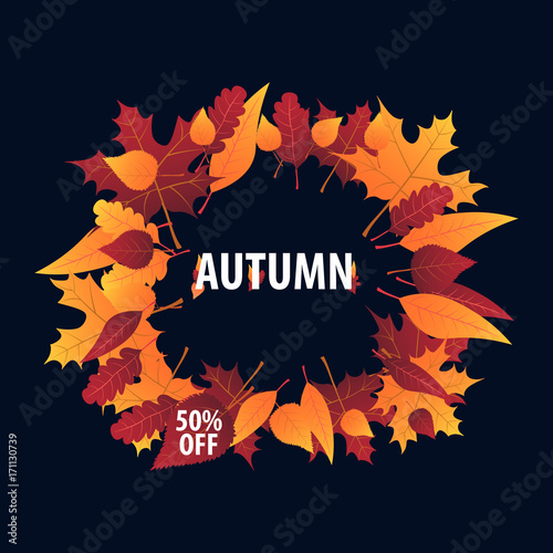 Autumn Background with leaves for shopping sale or promo poster and frame leaflet or web banner. Vector illustration template.