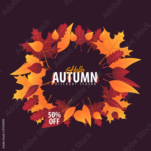 Autumn Background with leaves for shopping sale or promo poster and frame leaflet or web banner. Vector illustration template.