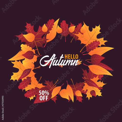 Autumn Background with leaves for shopping sale or promo poster and frame leaflet or web banner. Vector illustration template.