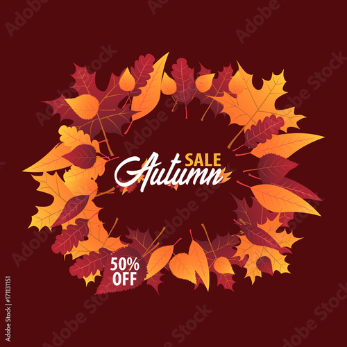 Autumn Background with leaves for shopping sale or promo poster and frame leaflet or web banner. Vector illustration template.