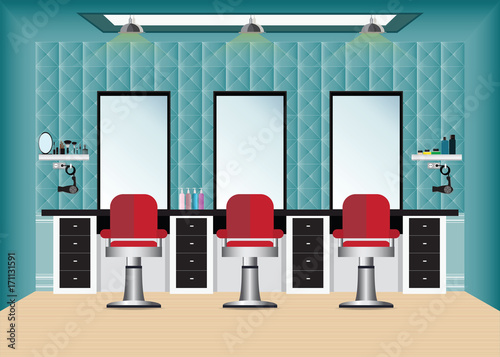 Barber shop with barber chair and mirror.