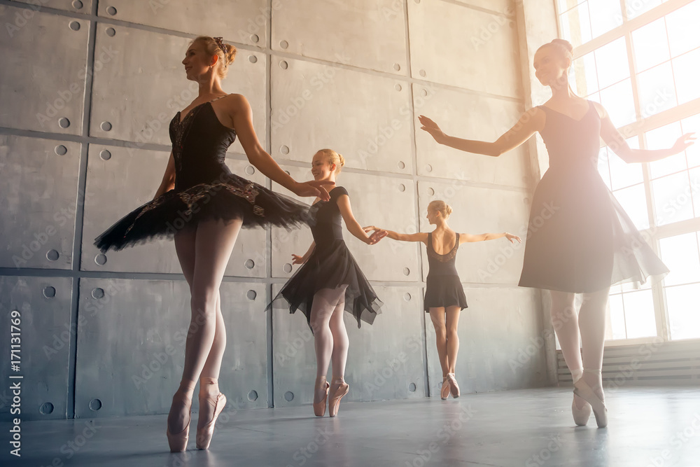 Four beautiful young Russian ballerinas in black packs, white pantyhose and  ponts in the style of a black swan dance ballet in a black studio Stock  Photo | Adobe Stock