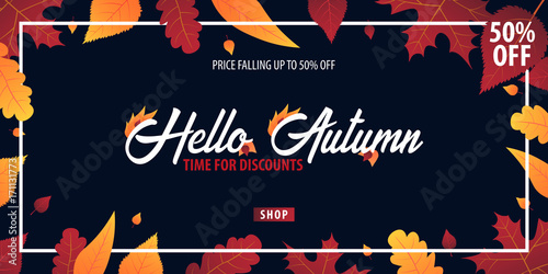 Autumn Background with leaves for shopping sale or promo poster and frame leaflet or web banner. Vector illustration template.