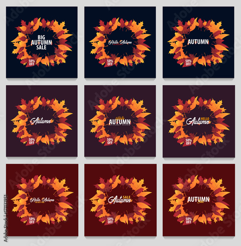 Set of Autumn Background with leaves for shopping sale or promo poster and frame leaflet or web banner. Vector illustration template.